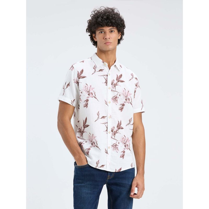 Pepe Jeans Men White Botanical Print Half Sleeve Shirt (M)