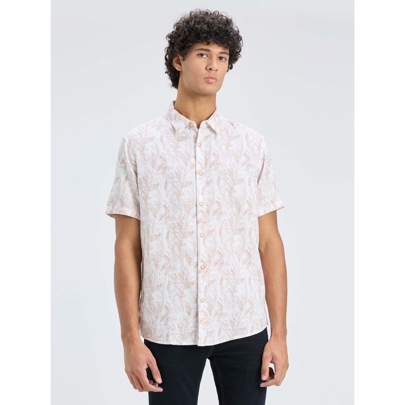 Pepe Jeans Men Peach Orange Botanical Print Half Sleeve Shirt (L)