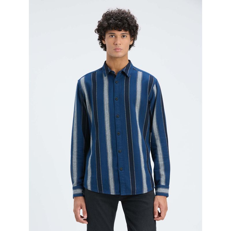 Pepe Jeans Men Blue Vertical Stripe Full Sleeve Shirt (XL)