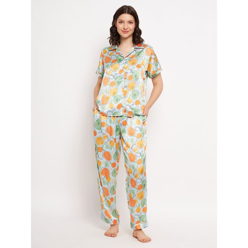 Clovia Satin Printed Shirt & Pyjama (Set of 2) (L)