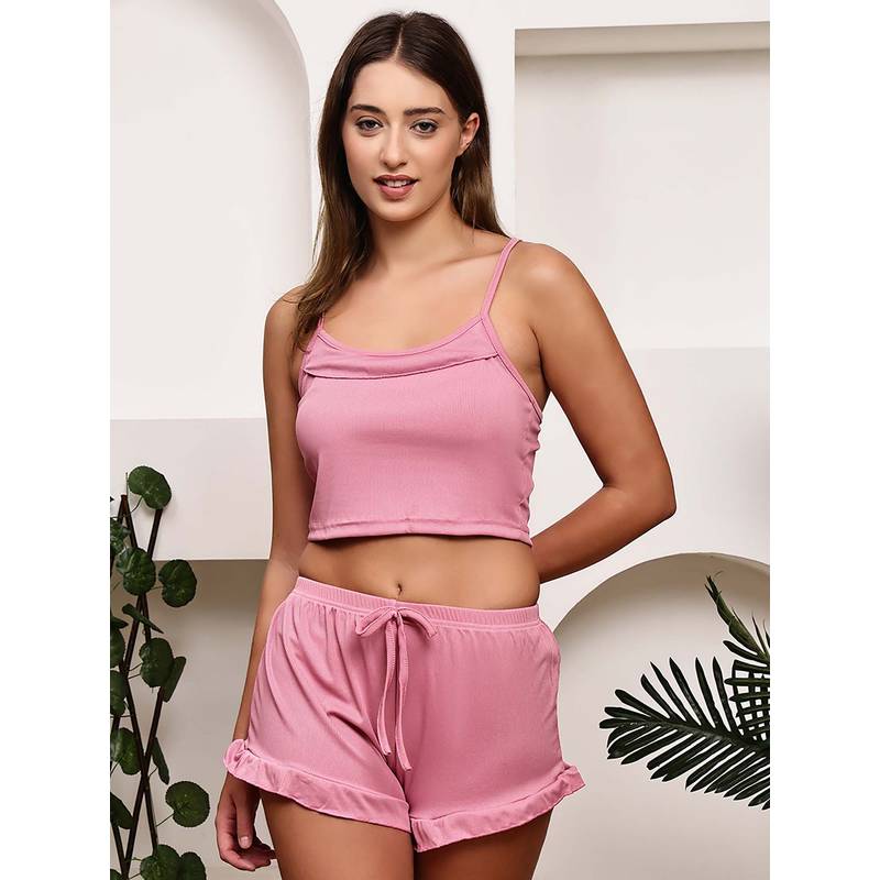 PrettyCat Pink Solid Relaxed Cami Crop Top with Shorts (M)