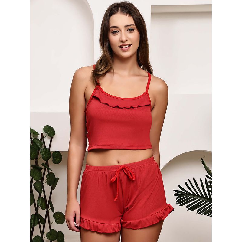 PrettyCat Red Solid Relaxed Cami Crop Top with Shorts (M)