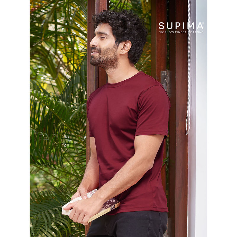 The Souled Store Men Burgundy Pure Cotton Regular Fit T-Shirt (2XL)