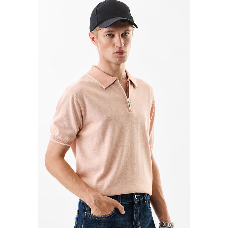 Snitch Men Peach Cotton Slim Fit Polo T-Shirt (L)