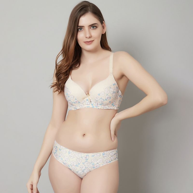 Prettycat Beautiful Floral Print Lightly Padded T-Shirt Bra Panty Set - Beige (34B)