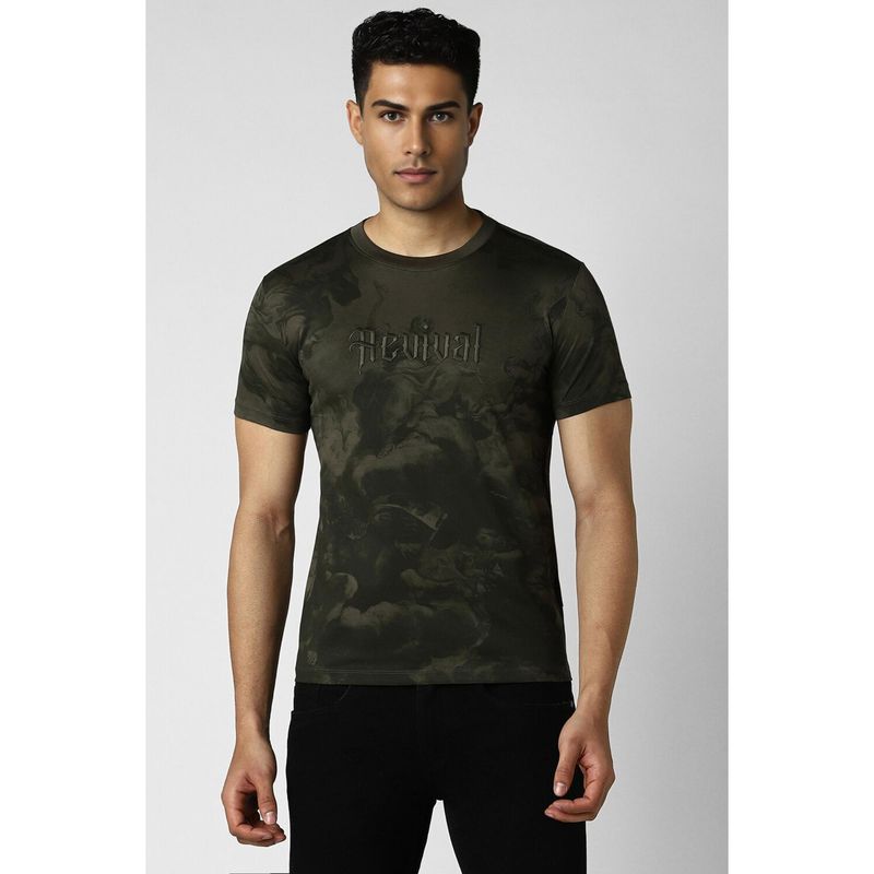 Van Heusen Men Olive Print Crew Neck T-Shirt (L)