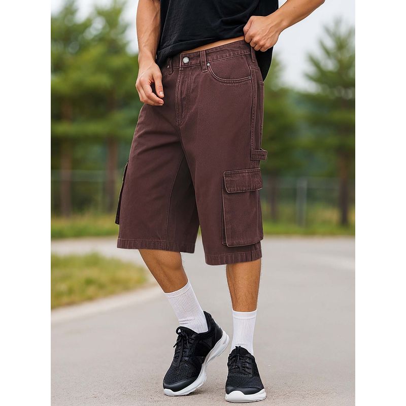 Bewakoof Men's Brown Washed Baggy Fit Cargo Carpenter Shorts (S)