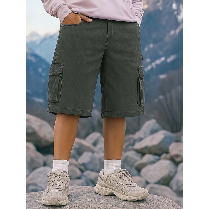Bewakoof Men's Dark Olive Green Washed Baggy Fit Cargo Carpenter Shorts (S)