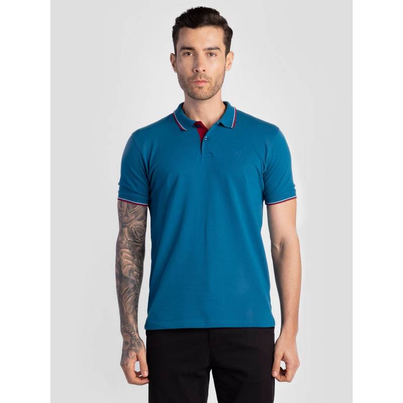 Reid & Taylor Men Teal Cotton Collar Neck Polo T-Shirt (L)