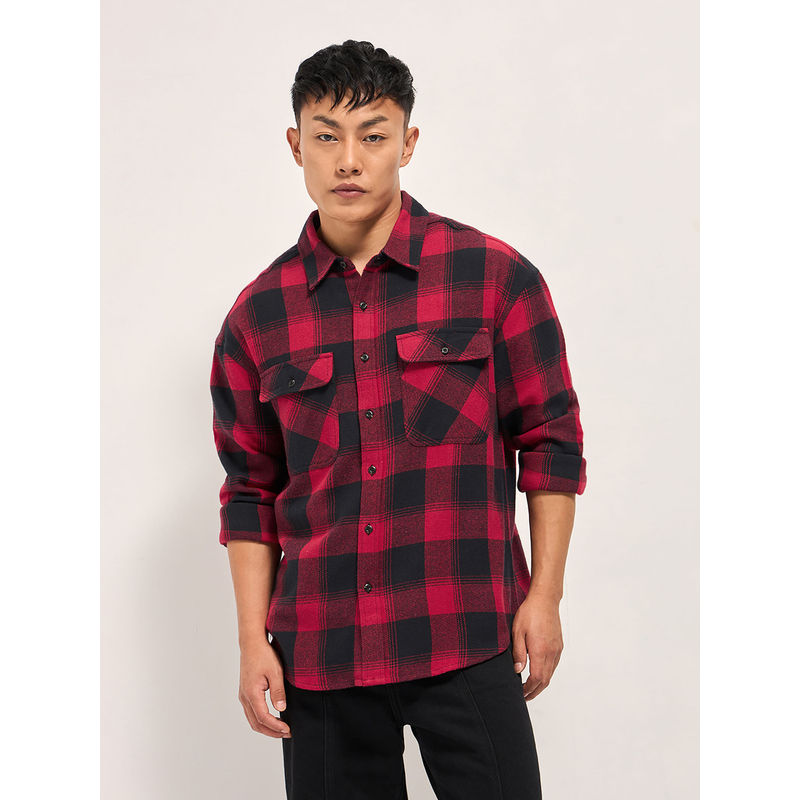 THE BEAR HOUSE Men's Relaxed Fit Red Check Cotton Casual Shirt (S)