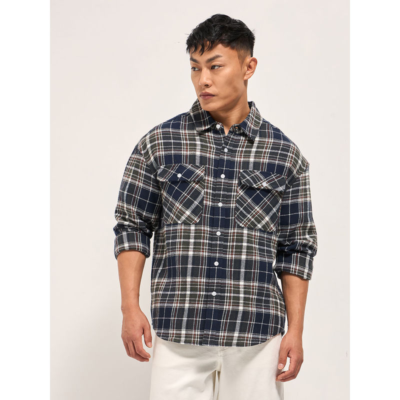 THE BEAR HOUSE Men's Relaxed Fit Blue Checked Cotton Casual Shirt (S)