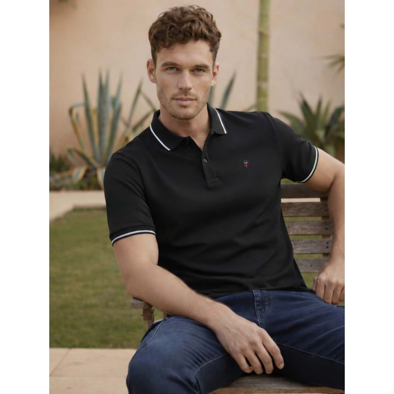 Louis Philippe Men's Black Polo T-Shirt with Collar Tipping and Branding on Sleeve (3XL)