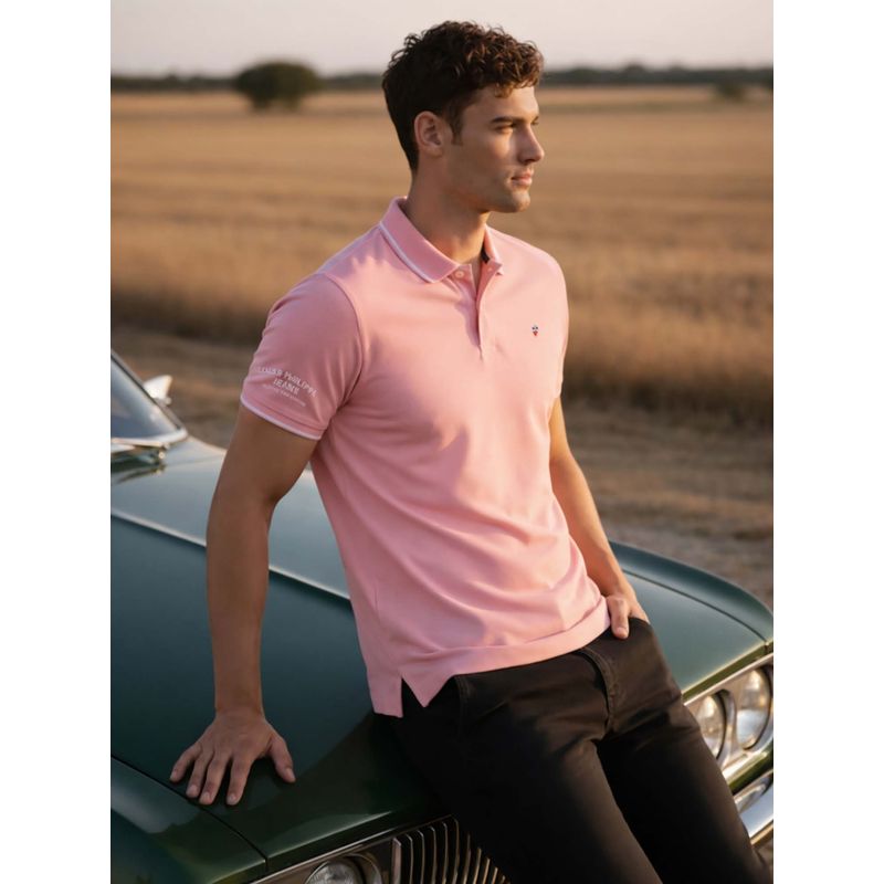 Louis Philippe Men's Pink Polo T-Shirt with Collar Tipping and Branding on Sleeve (L)