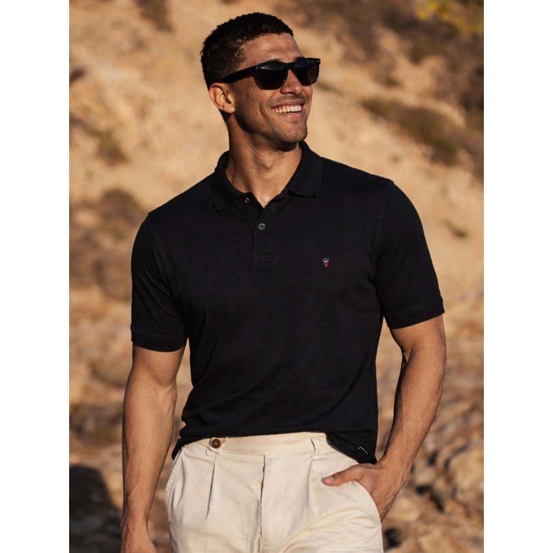 Louis Philippe Men's Slim Fit Solid Black Pique Polo Tshirt (L)