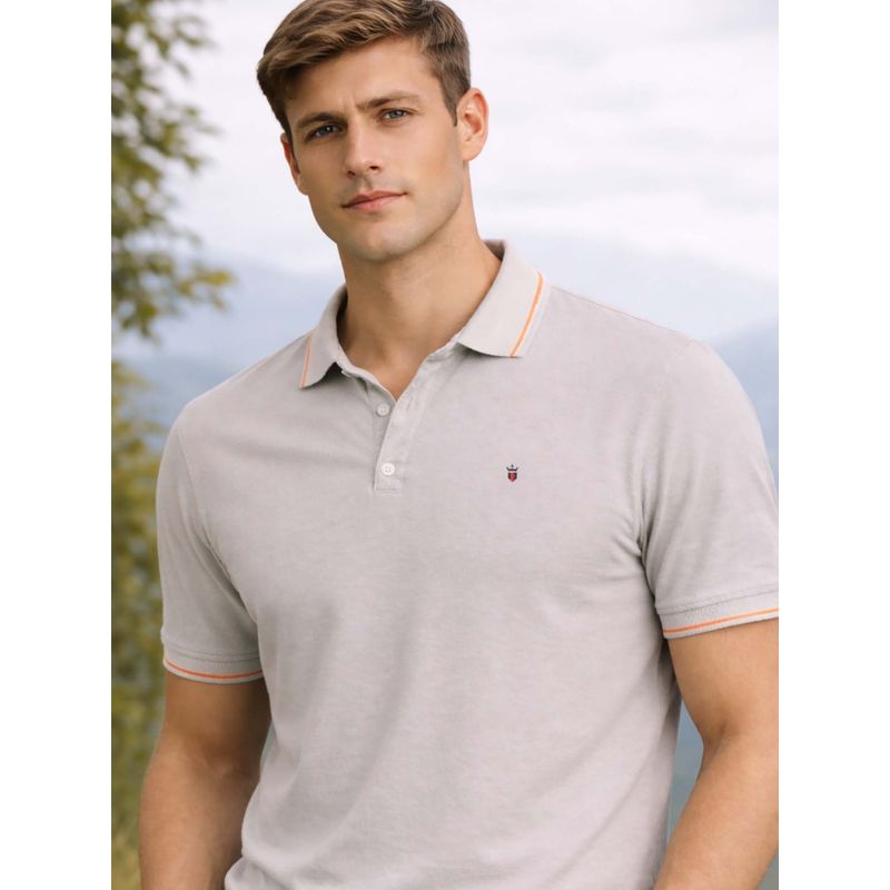 Louis Philippe Men's Grey Polo T-Shirt with Collar Tipping and Branding on Sleeve (XL)