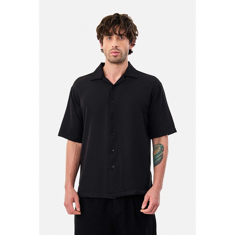 Snitch Black Textured Half Sleeves Boxy Casual Shirt for Men (XS)