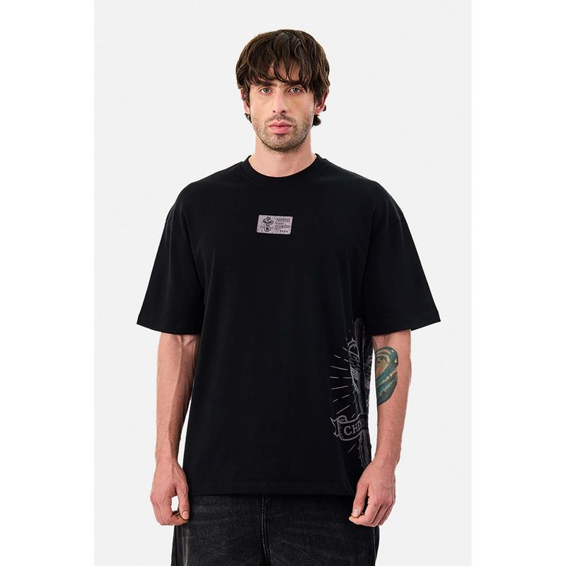 Snitch Black Printed Half Sleeves Oversized Casual T-shirt for Men (2XL)