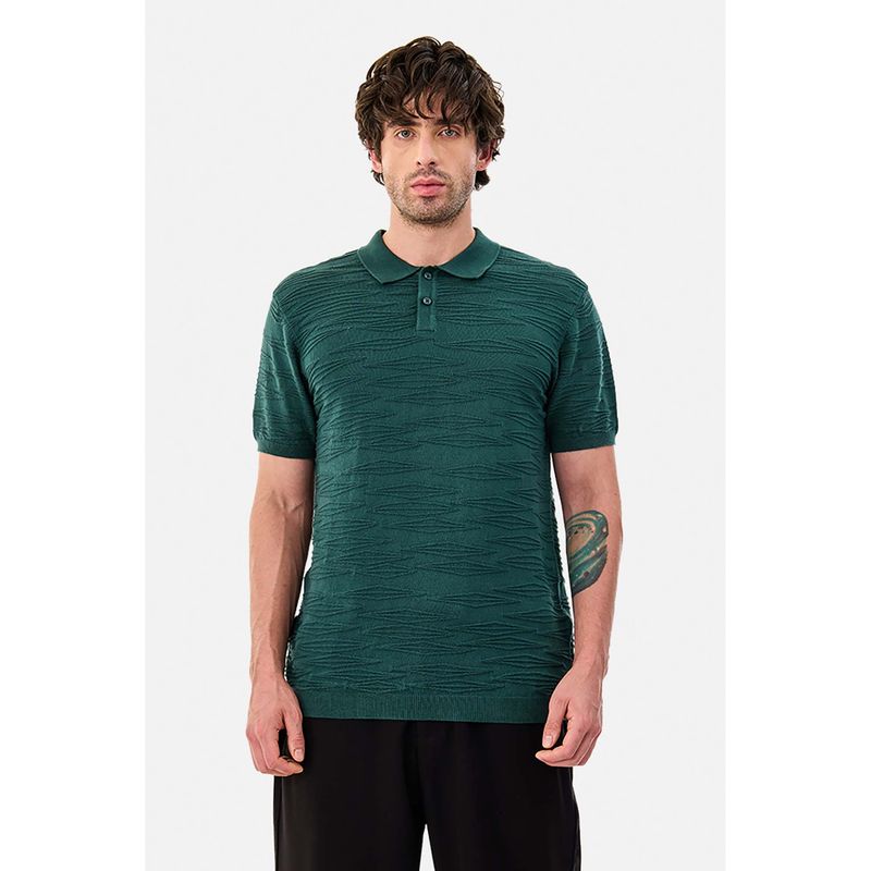 Snitch Dark Green Textured Half Sleeves Regular Casual Polo T-shirt for Men (XS)