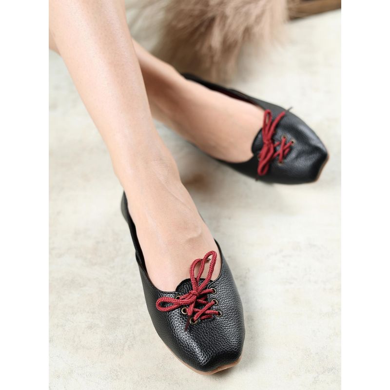 GLAM STORY Belizia Textured Lace-Up Black Ballerina (EURO 37)