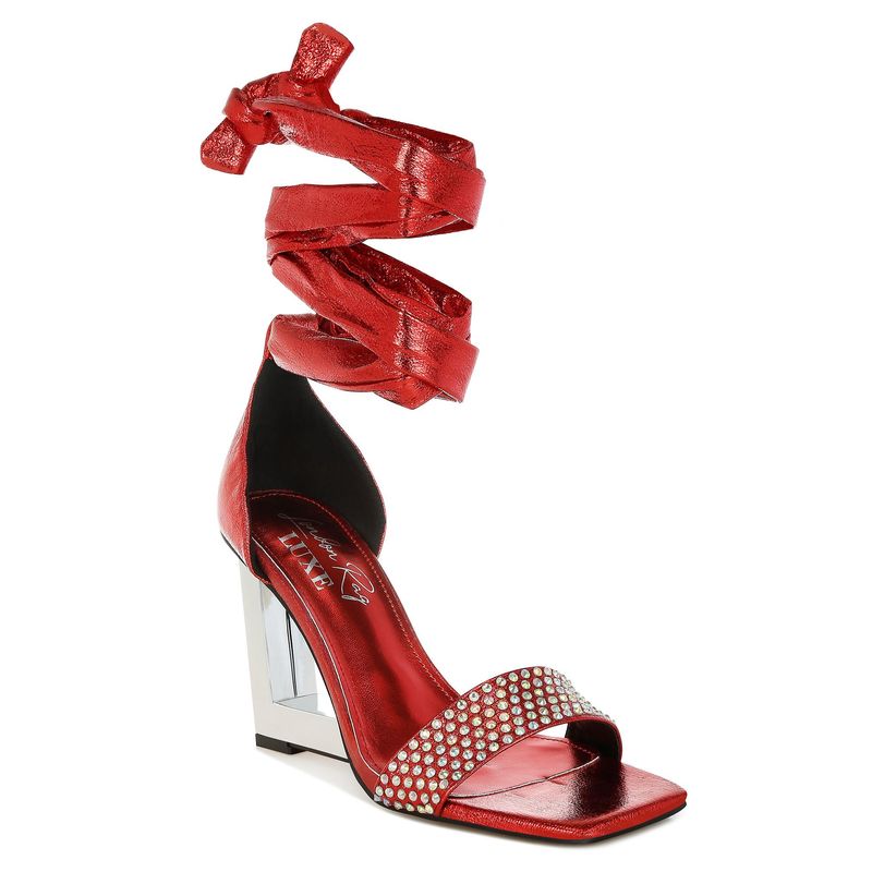 London Rag AB Rhinestone Studded Lace-Up Fantasy Espadrilles - Red (EURO 37)