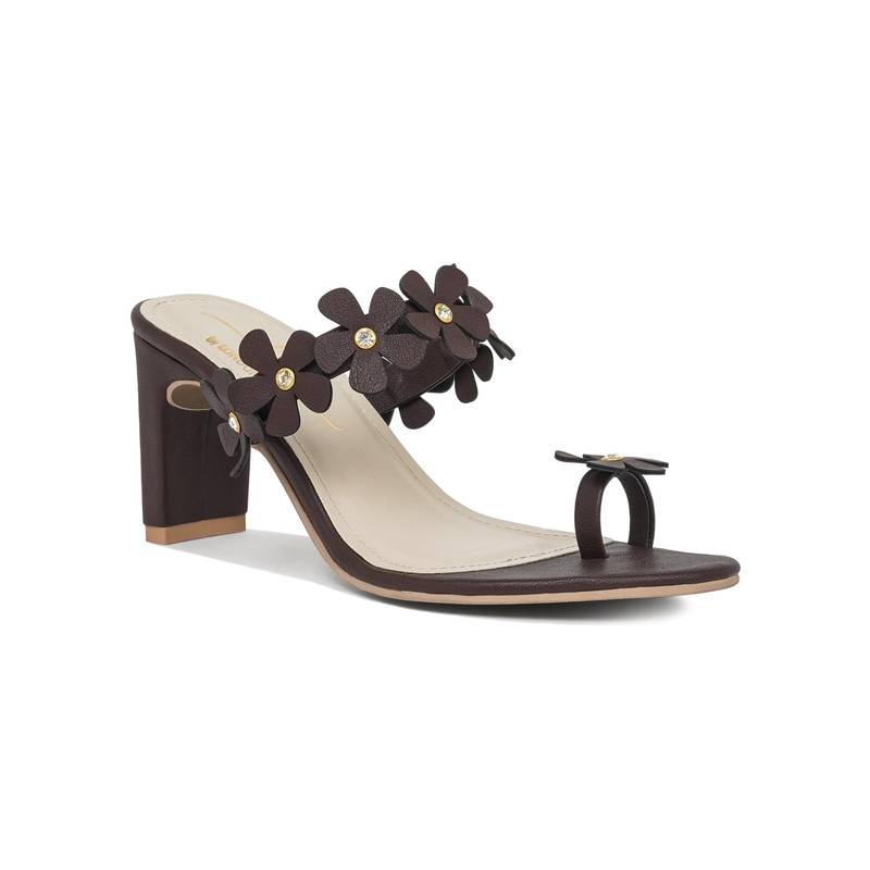 London Rag Women Floral Applique Slip-On Block Sandal Heels - Brown (EURO 37)