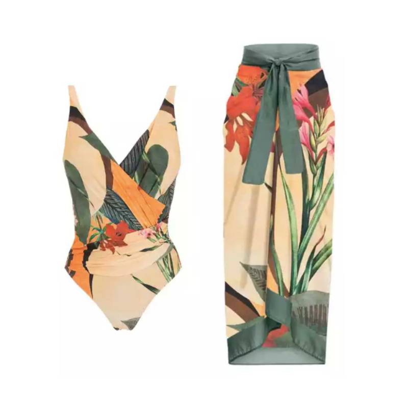 WomanLikeU Printed Padded Monokini With Sarong - Multi-Color (Set of 2) (M)