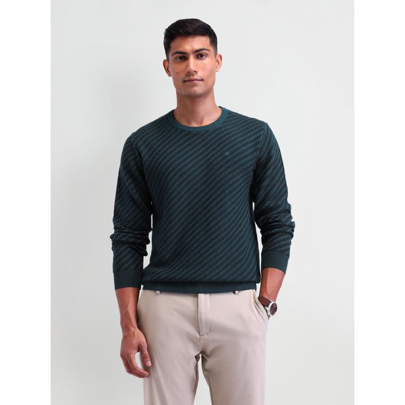 Arrow Self Design Teal Full Sleeves Crew Neck Sweaters (L)
