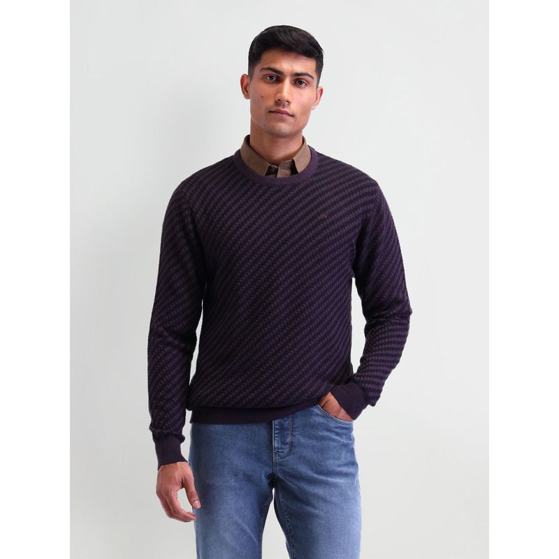 Arrow Self Design Purple Full Sleeves Crew Neck Sweaters (M)