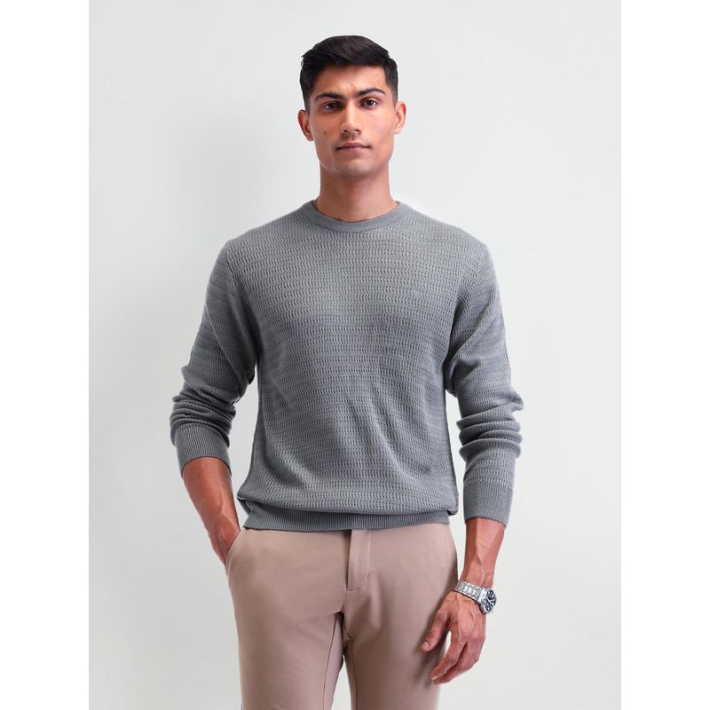 Arrow Self Design Grey Full Sleeves Crew Neck Sweaters (L)