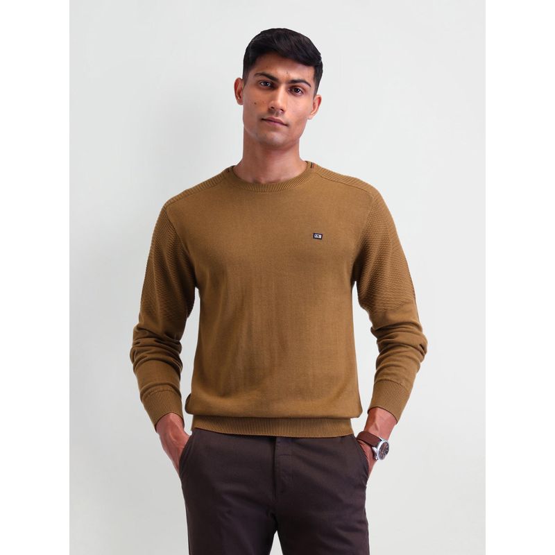 Arrow Sports Solid Brown Full Sleeves Crew Neck Sweaters (S)
