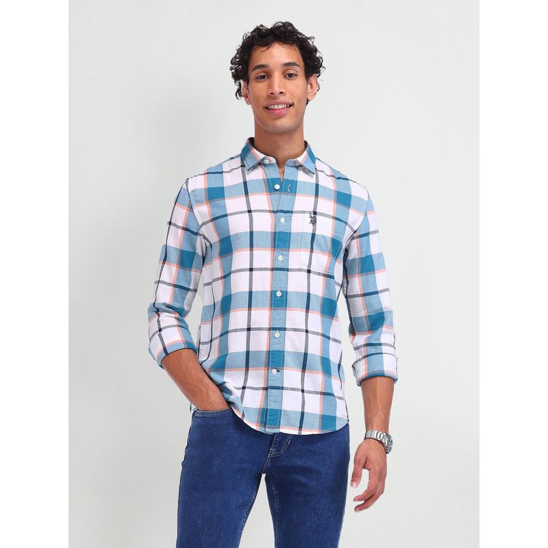 U.S. Polo Assn. Denim Co. Checks Blue Full Sleeves Collar Neck Shirt (44)