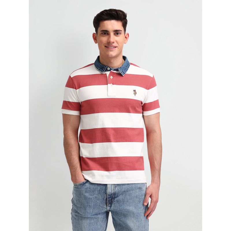 U.S. Polo Assn. Denim Co. Stripes Red & White Half Sleeves Polo T-Shirt (S)