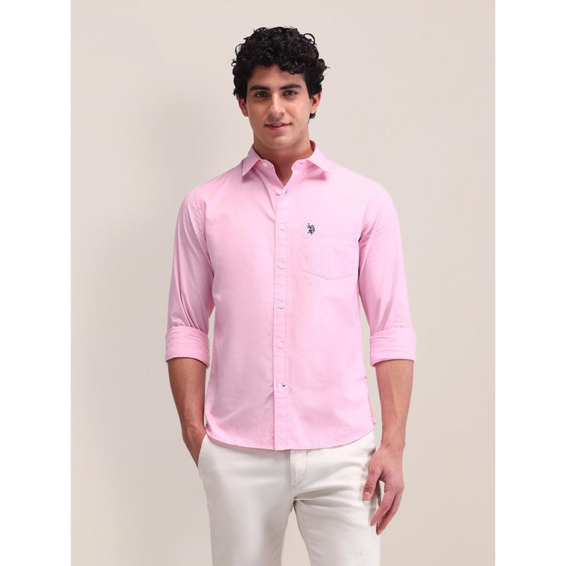 U.S. POLO ASSN. Solid Pink Full Sleeves Collar Neck Shirt (38)