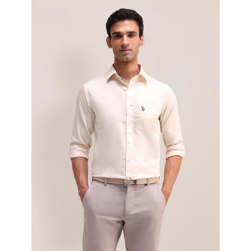 U.S. POLO ASSN. Solid Cream Full Sleeves Collar Neck Shirt (42)