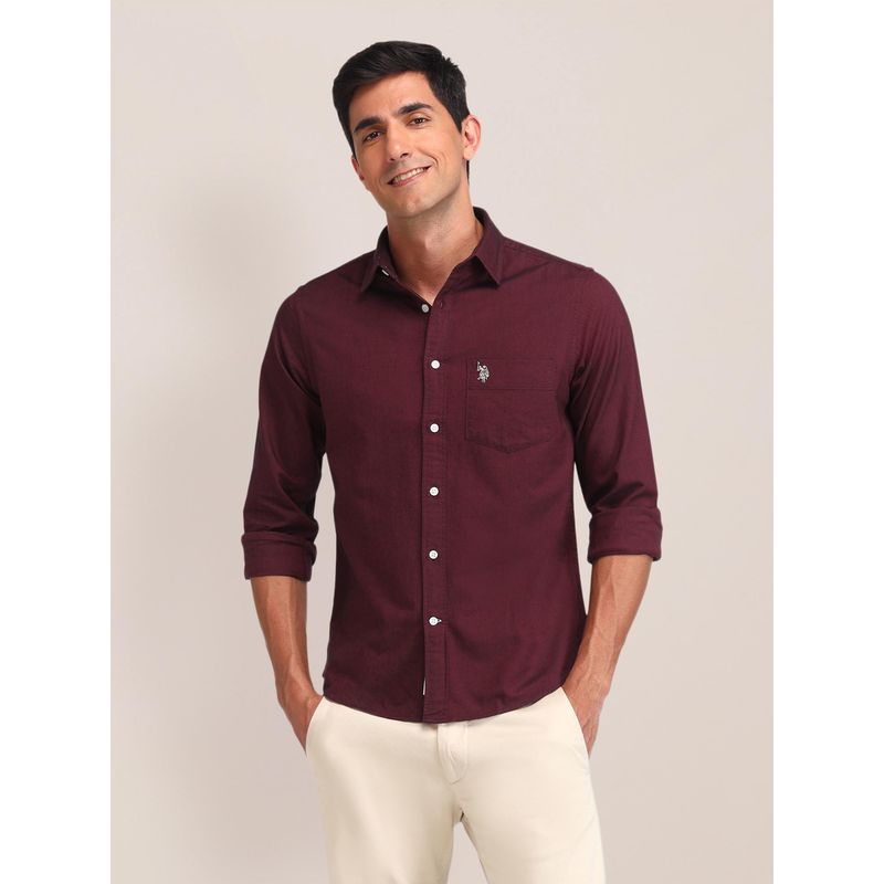 U.S. POLO ASSN. Solid Maroon Full Sleeves Collar Neck Shirt (40)