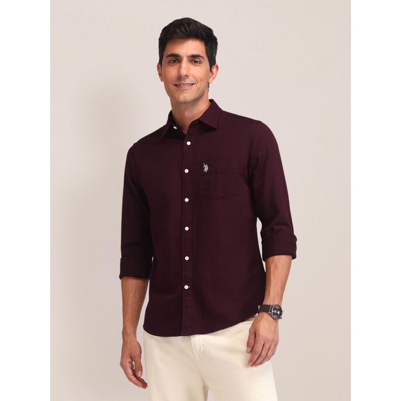 U.S. POLO ASSN. Solid Wine Full Sleeves Collar Neck Shirt (46)