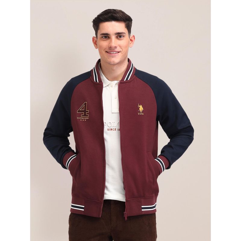 U.S. POLO ASSN. Colorblock Maroon Full Sleeves Mandarin Collar Jackets (S)