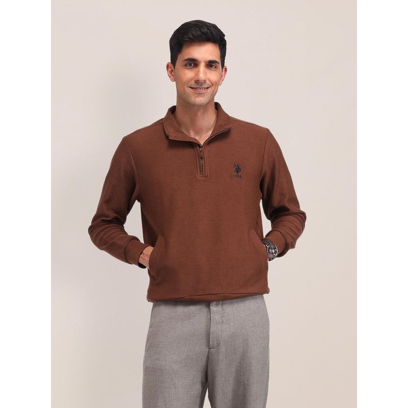 U.S. POLO ASSN. Textured Brown Full Sleeves Sweatshirt (3XL)