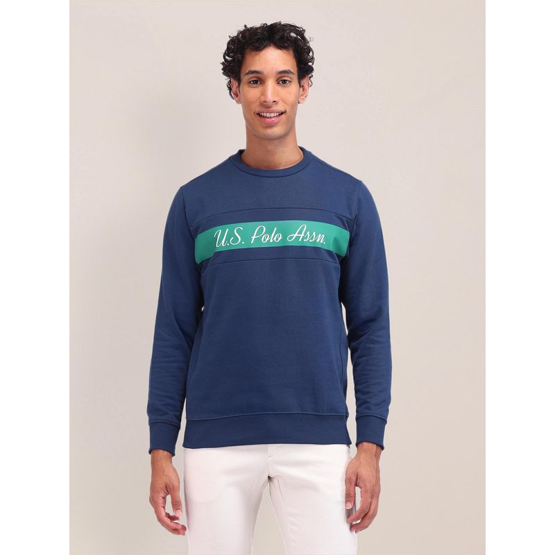 U.S. POLO ASSN. Solid Navy Blue Full Sleeves Crew Neck Sweatshirt (L)