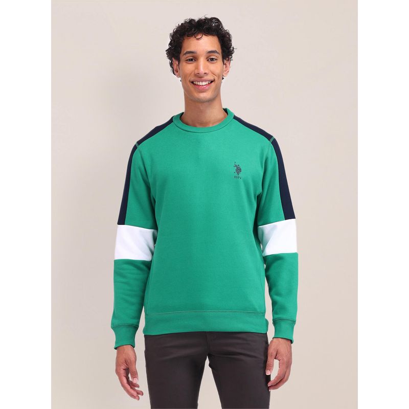 U.S. POLO ASSN. Colorblock Green Full Sleeves Crew Neck Sweatshirt (L)