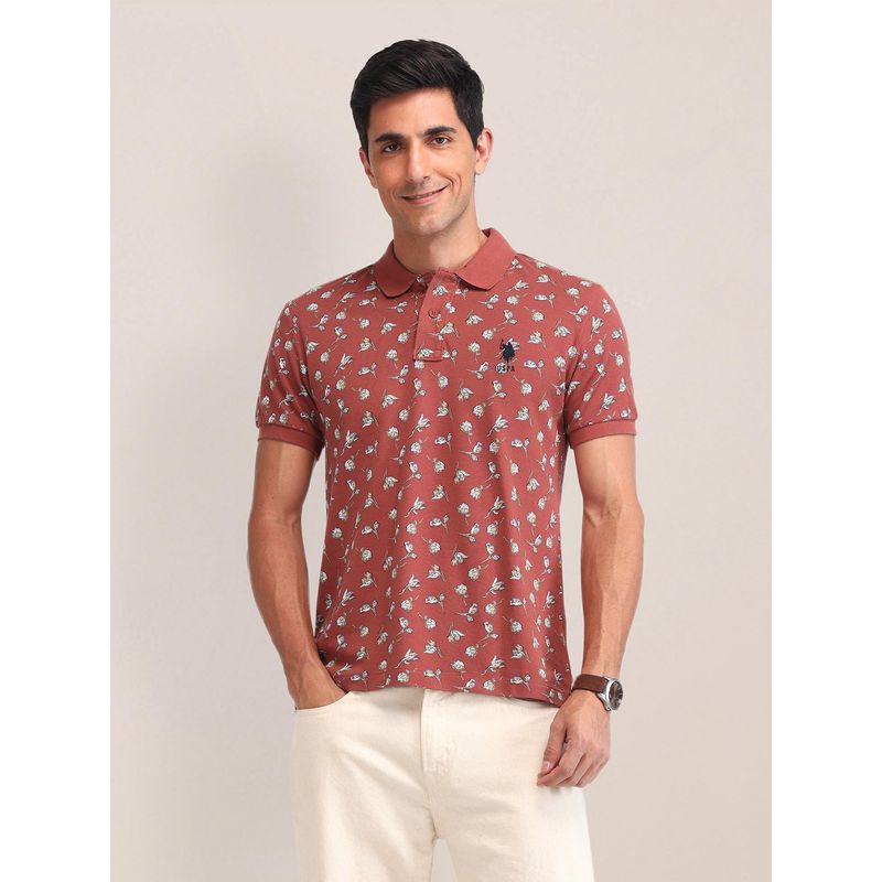 U.S. POLO ASSN. Floral Printed Red Half Sleeves Polo T-Shirt (M)