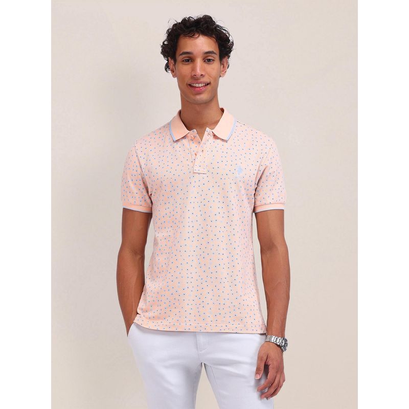 U.S. POLO ASSN. Floral Printed Peach Half Sleeves Polo T-Shirt (L)