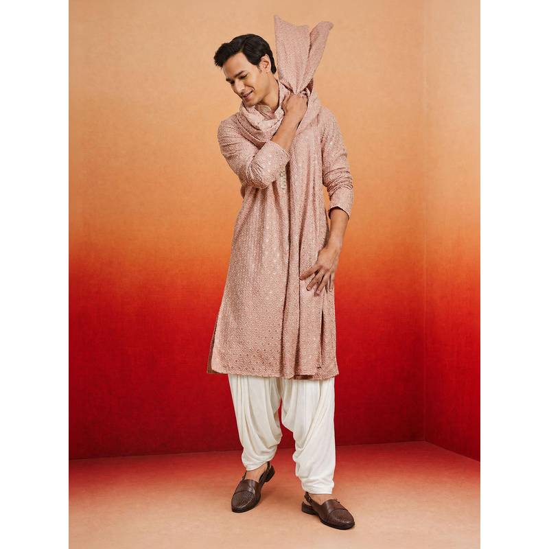 Vastramay Men Pink Embroidered Sequin Kurta & Patiala with Dupatta (36)