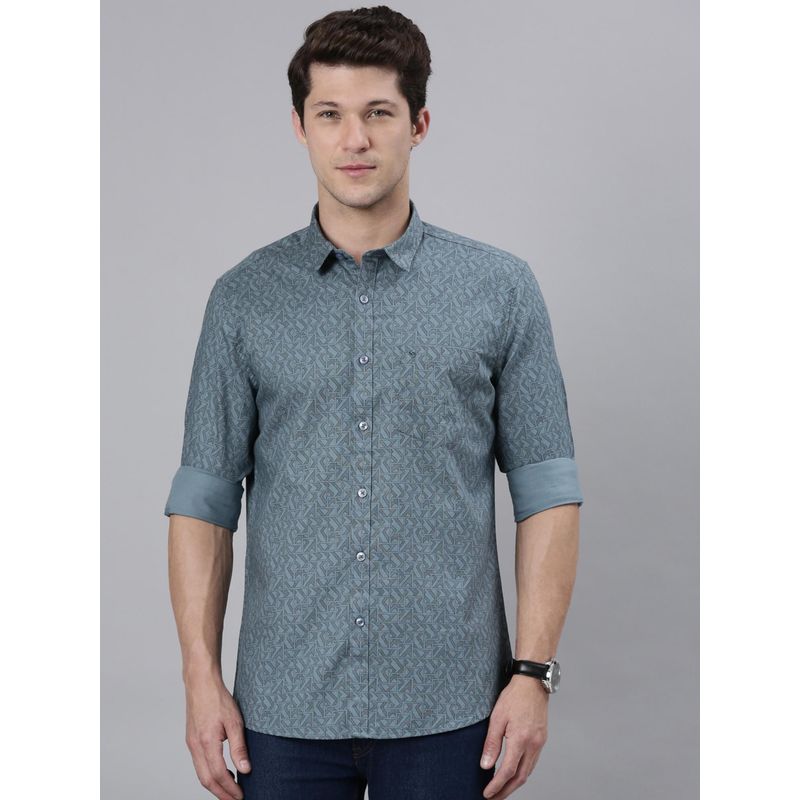 Classic Polo Men Teal Slim Fit Printed Casual Shirt (M)