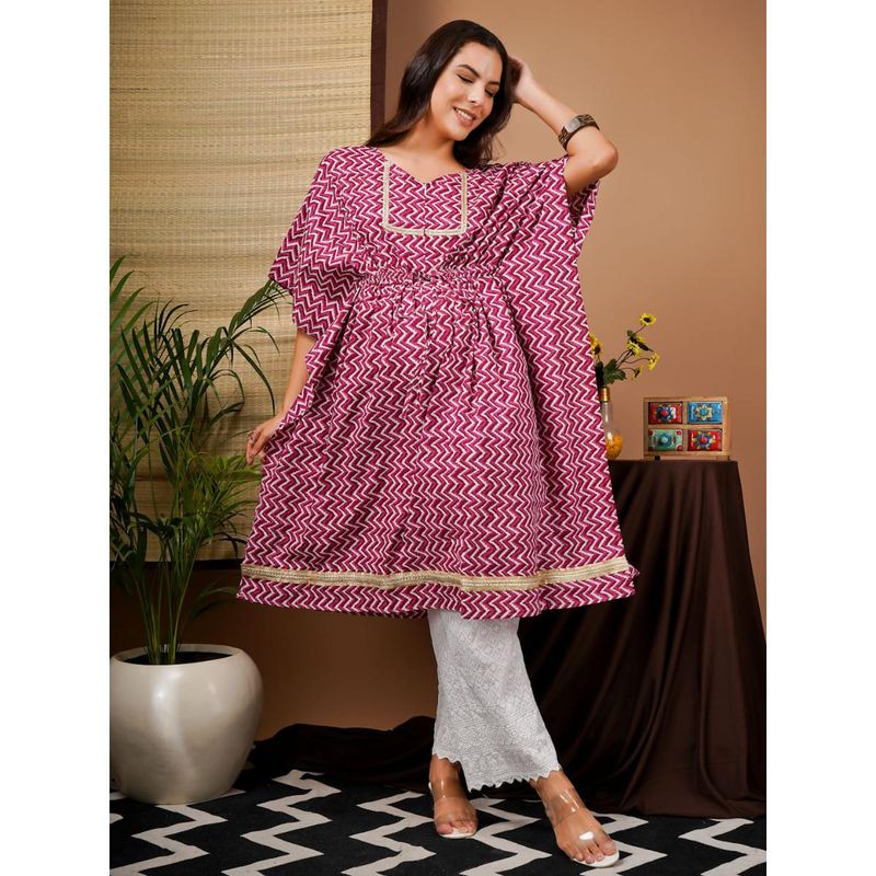 Angloindu Pink Zig Zag Print Feeding Kaftan & White Pyjama Maternity (Set of 2) (S)