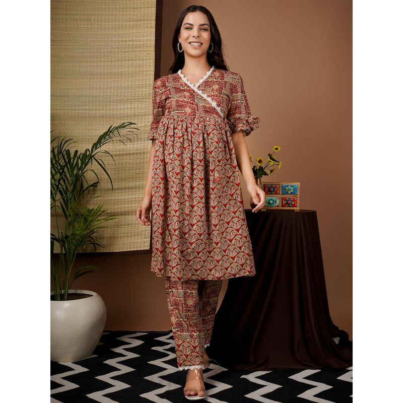Angloindu Red Wrap Kurta with Maternity Pyjama (Set of 2) (S)