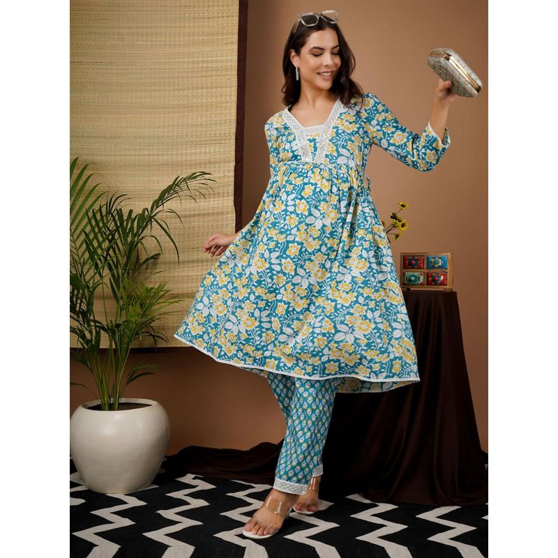 Angloindu Blue Printed Kurta with Maternity Pyjama (Set of 2) (S)