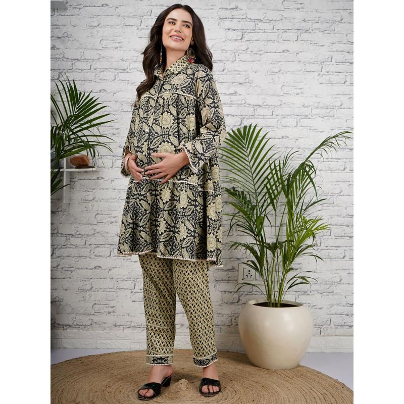 Angloindu Black Printed Shirt Kurta with Maternity Pyjama (Set of 2) (S)