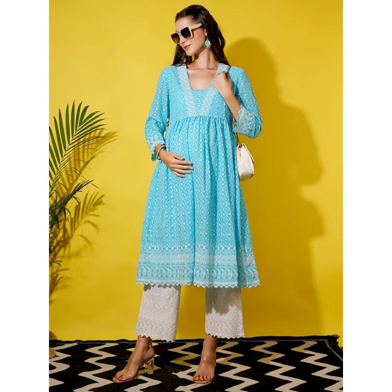 Angloindu Blue Embroidered Kurta with White Maternity Pyjama (Set of 2) (S)