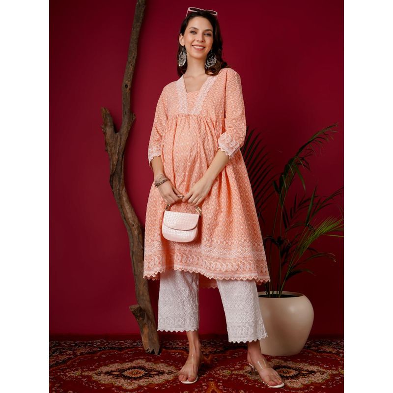 Angloindu Coral Embroidered Kurta with White Maternity Pyjama (Set of 2) (S)